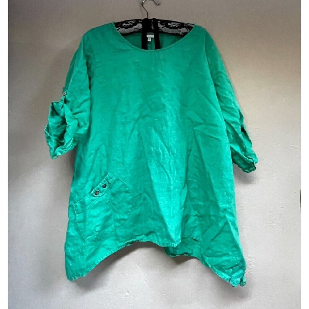Kleen Women's Medium Green Roll-Tab Sleeve Hanky Hem Linen Blend Blouse Top